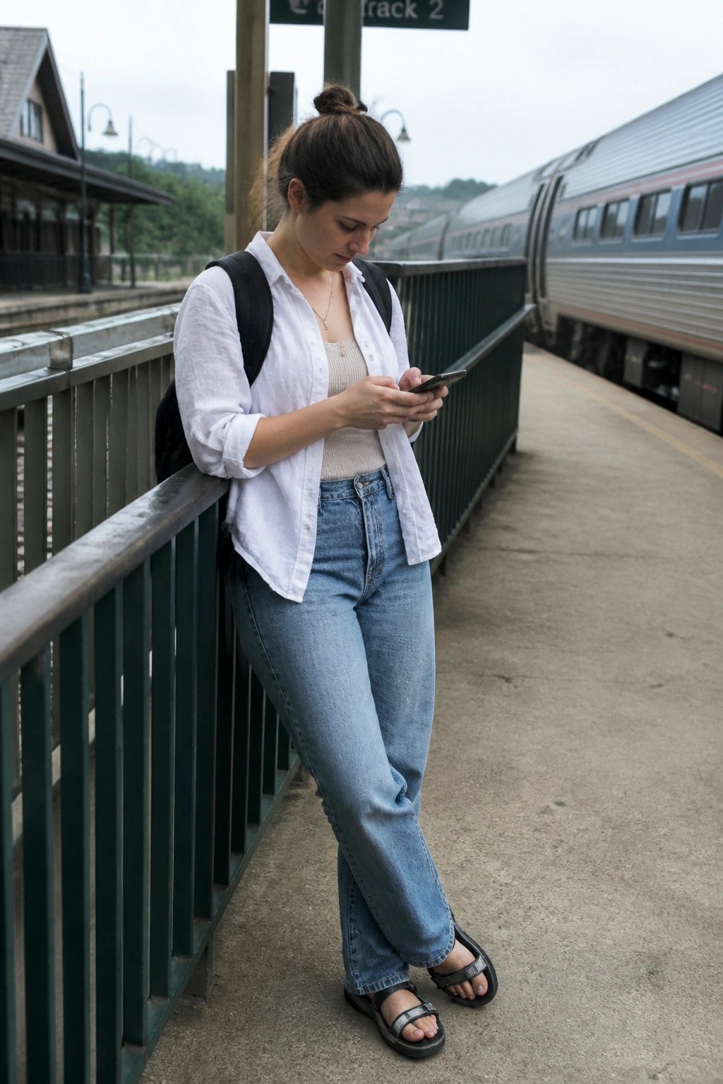 Woman with backpack scrolling phone while leaning on railing near train.