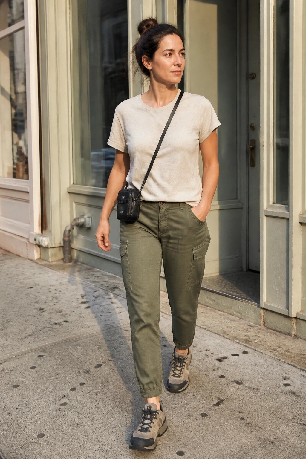 Woman in beige t-shirt and green cargo pants with black crossbody bag on sidewalk