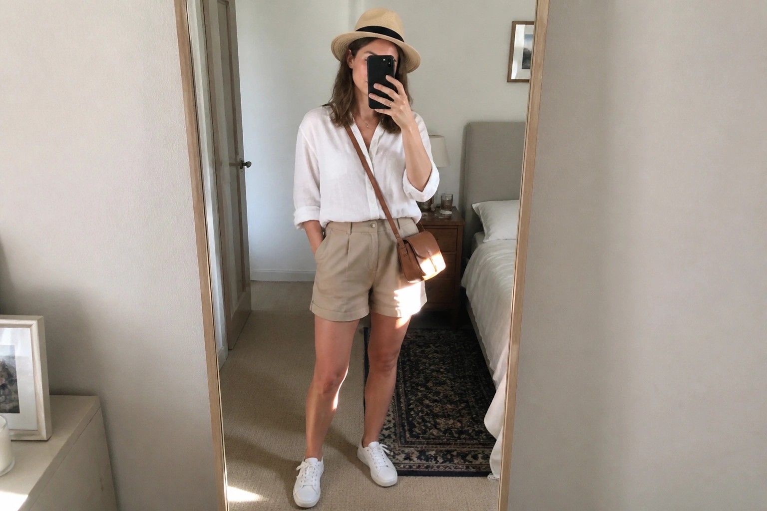 Woman in white button-up shirt, beige shorts, white sneakers, straw hat, and brown crossbody bag taking a mirror selfie.