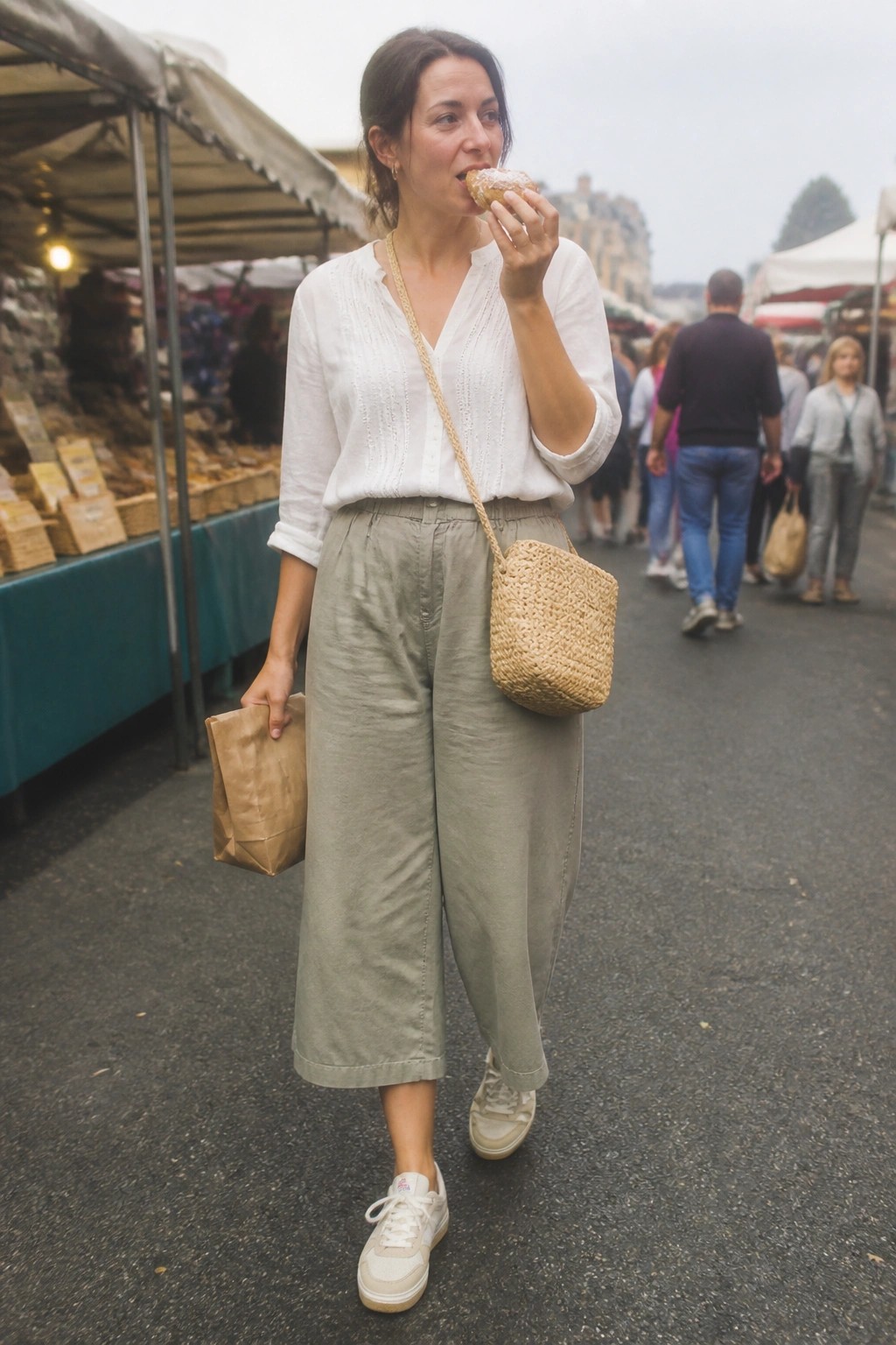 Woman in white blouse and green pants eating pastry at outdoor market