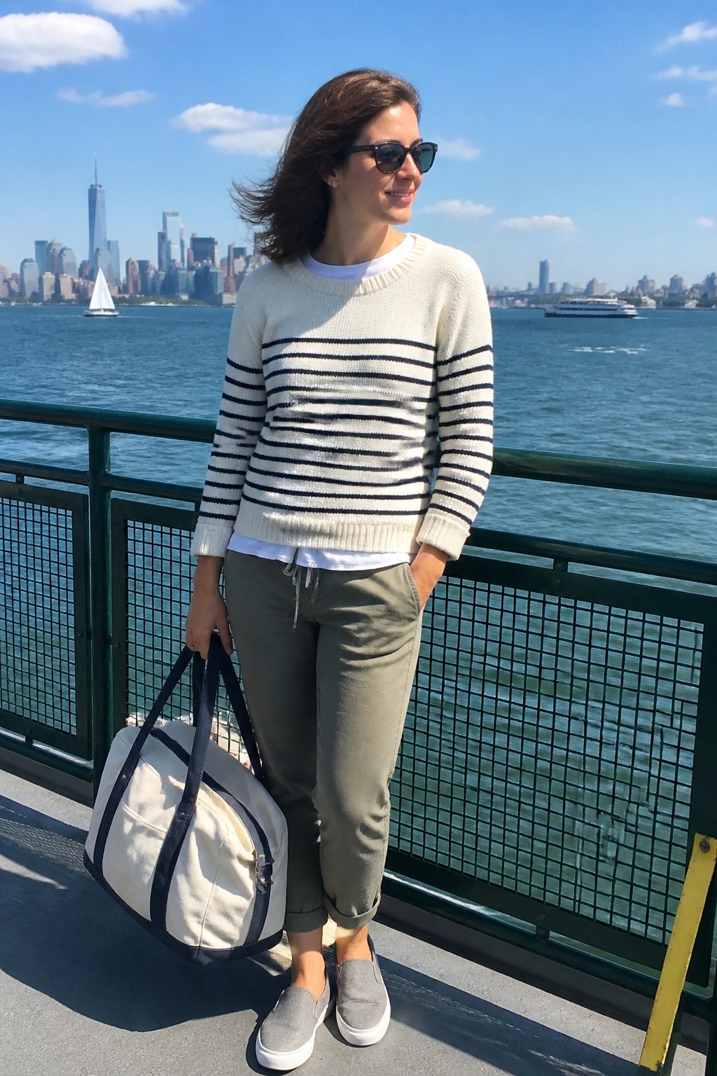 Woman in cream knit sweater with navy horizontal stripes layered over white tee, olive green drawstring pants cuffed at ankles, gray slip-on sneakers, carrying canvas tote bag.