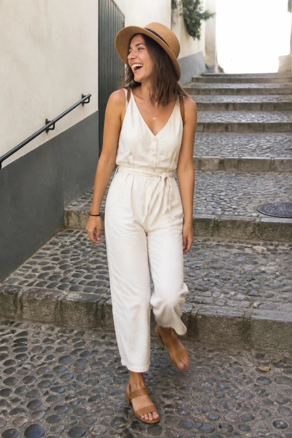 Woman in white jumpsuit and straw hat laughing on cobblestone steps
