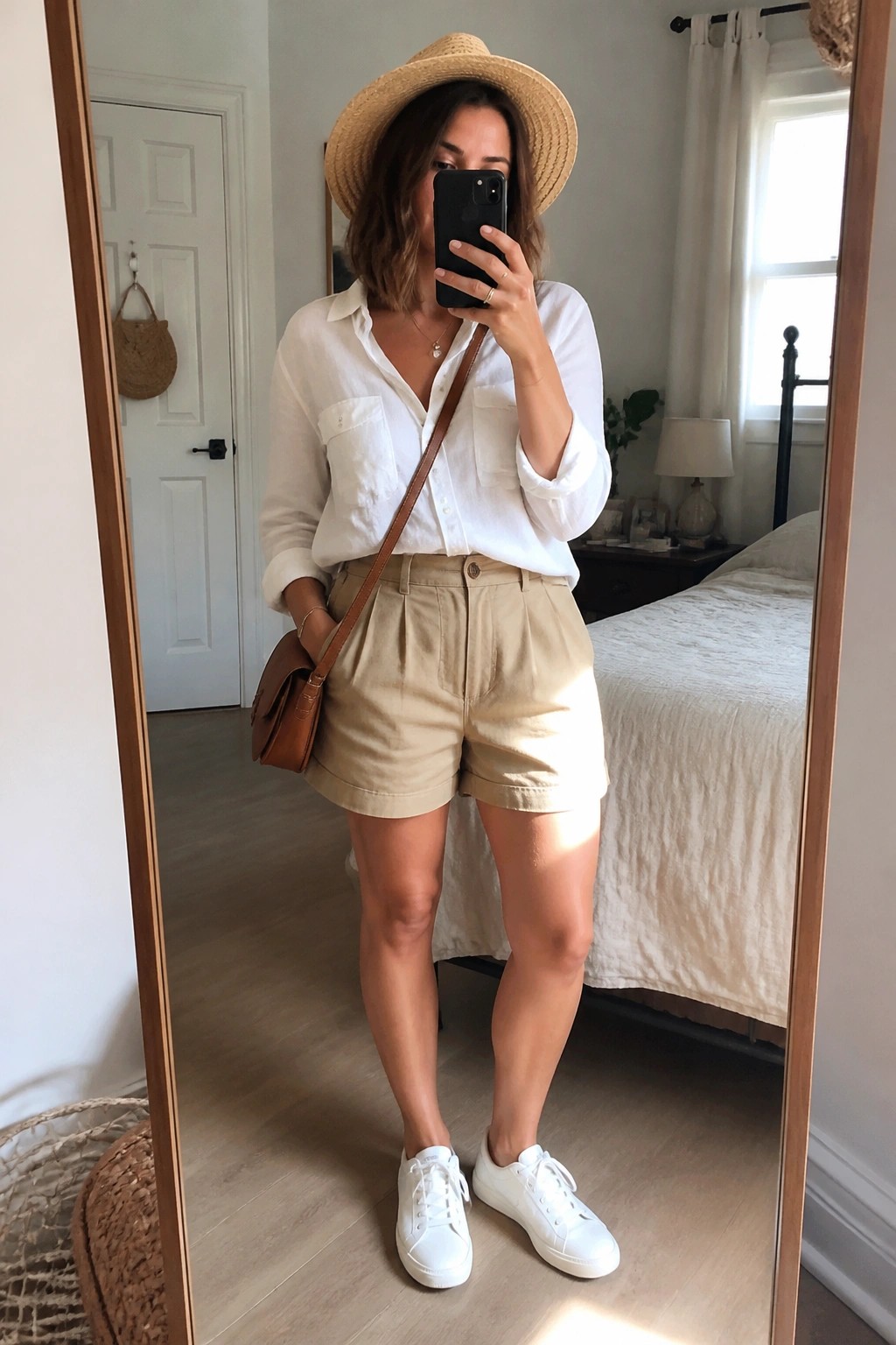 Woman in white button-up shirt, beige shorts, white sneakers, straw hat, and brown crossbody bag taking a mirror selfie.