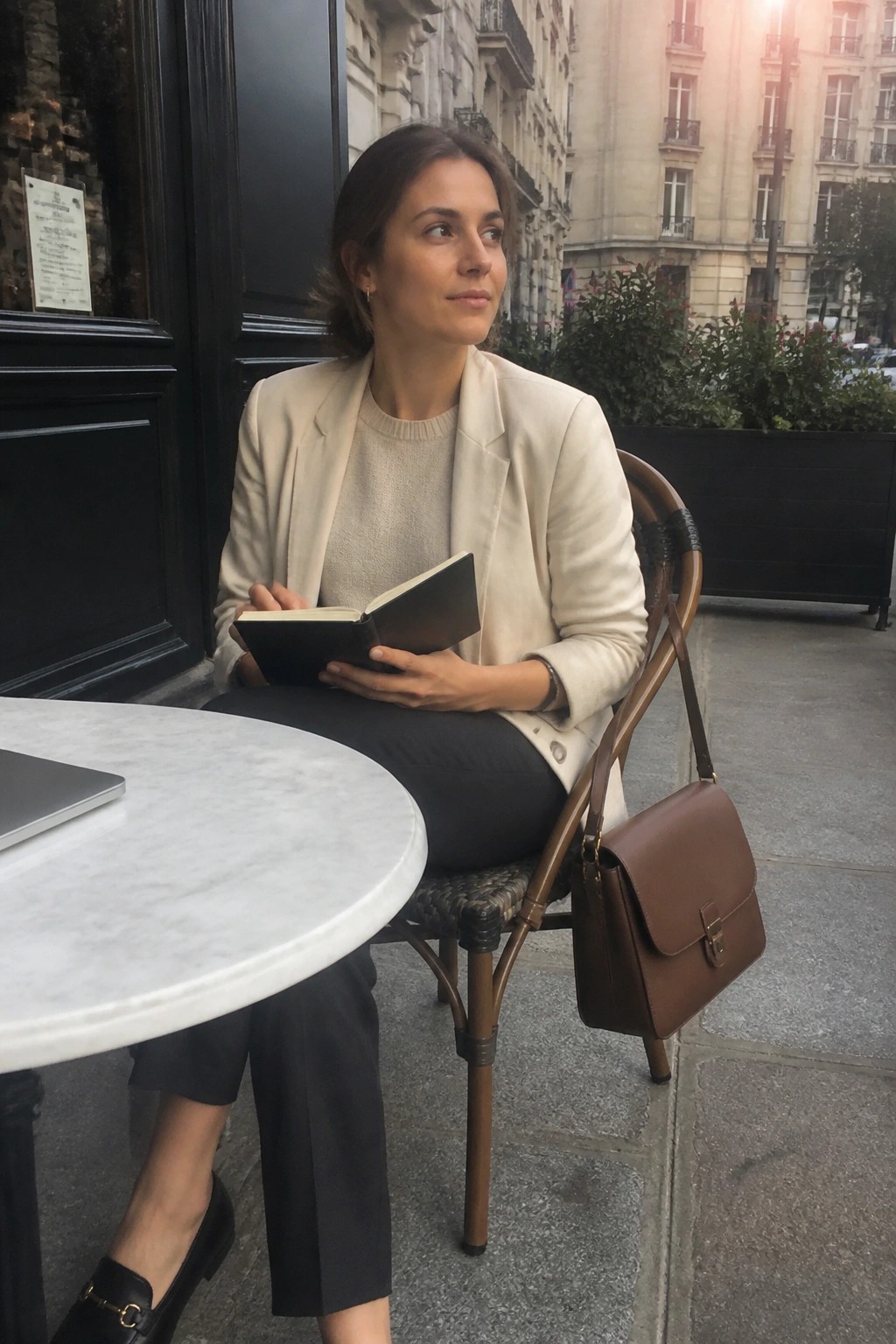 Woman in cream blazer holds notebook at outdoor cafe with brown leather bag nearby.