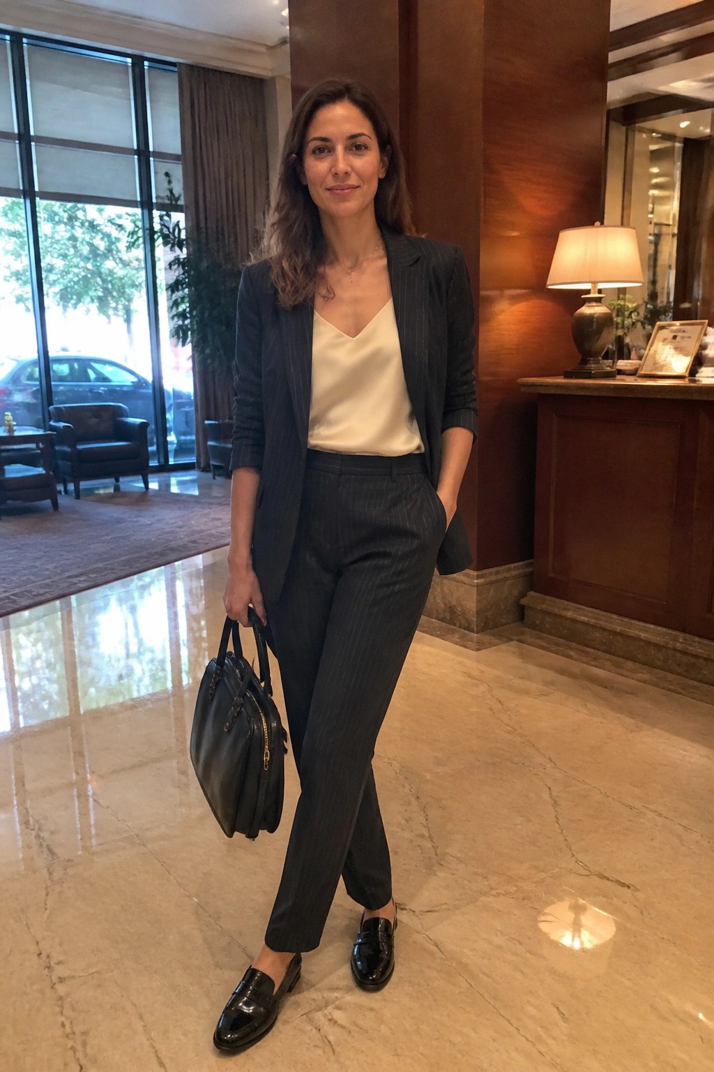 Woman in pinstripe suit holding black bag in marble hotel lobby