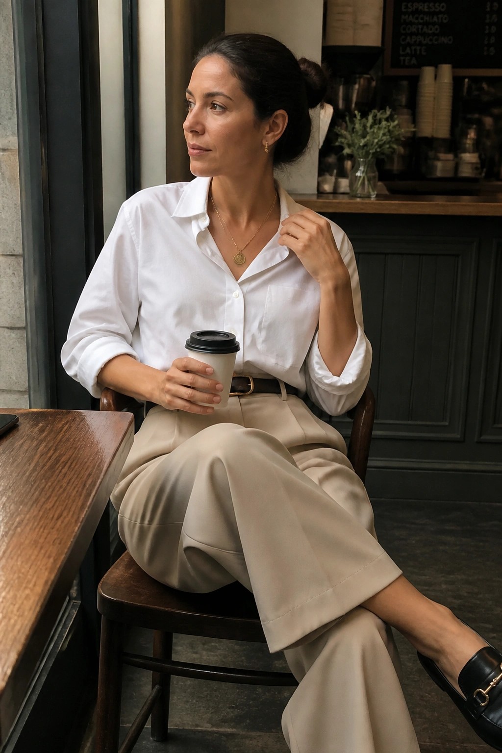 Woman in white shirt and beige pants holding coffee in cafe