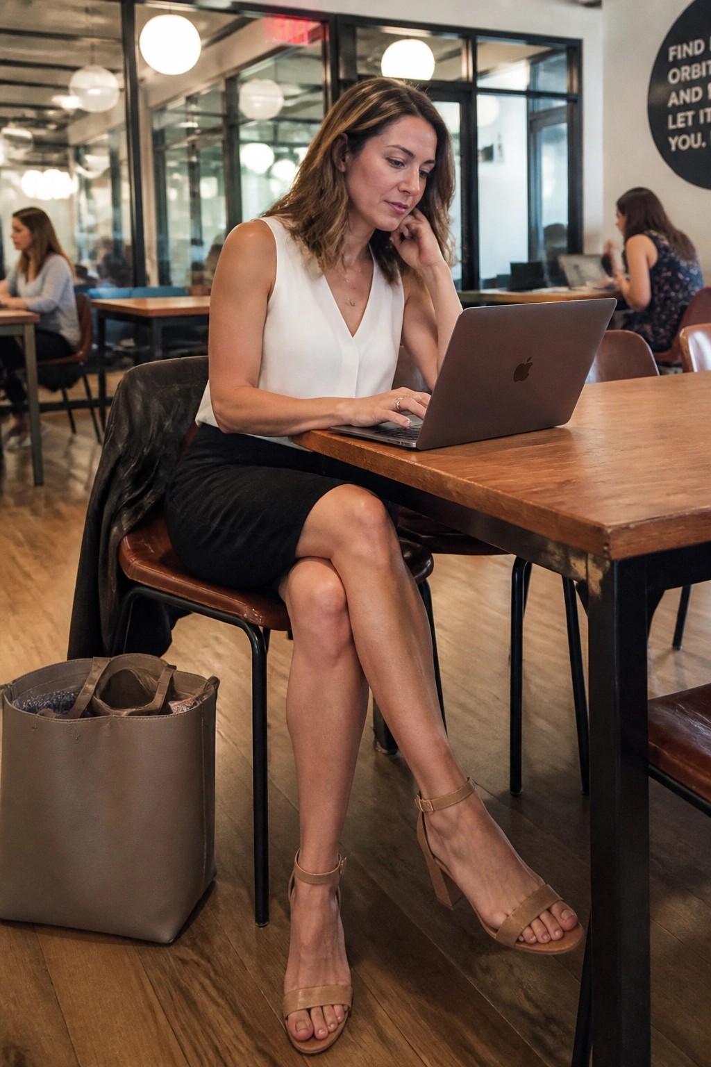 Woman in white top and black skirt using laptop at wooden cafe table