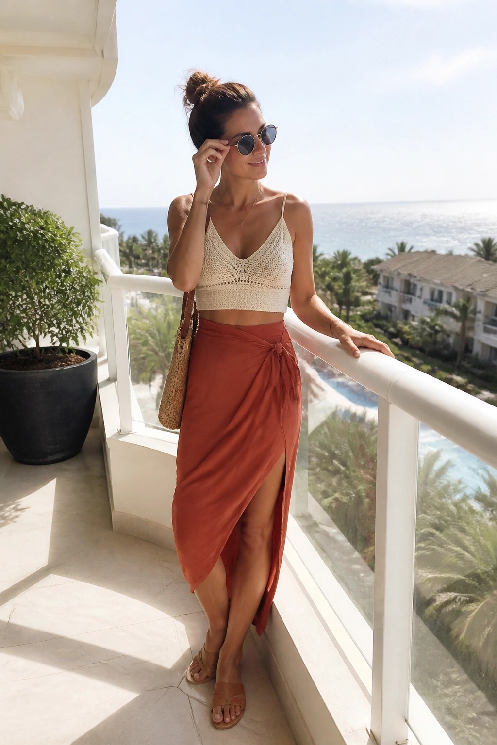 Woman in cream crochet top and rust wrap skirt on ocean-view balcony