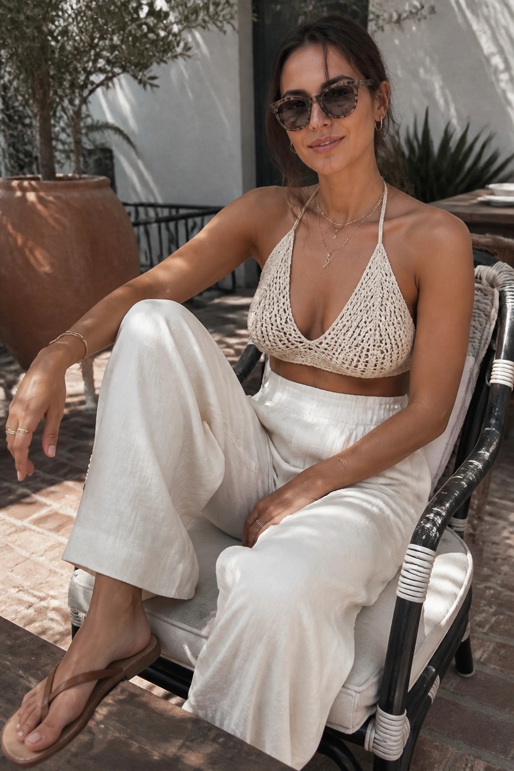 Woman in beige crochet halter top and white pants on patio chair.