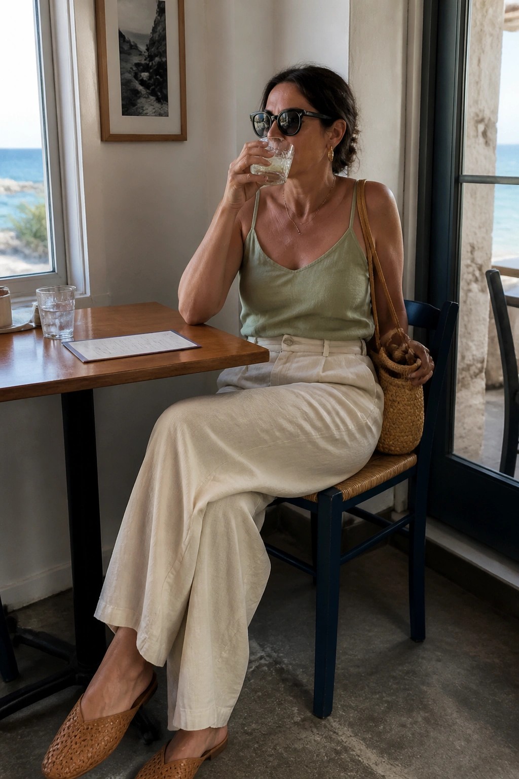 Woman in green top and white pants drinks at seaside cafe table.