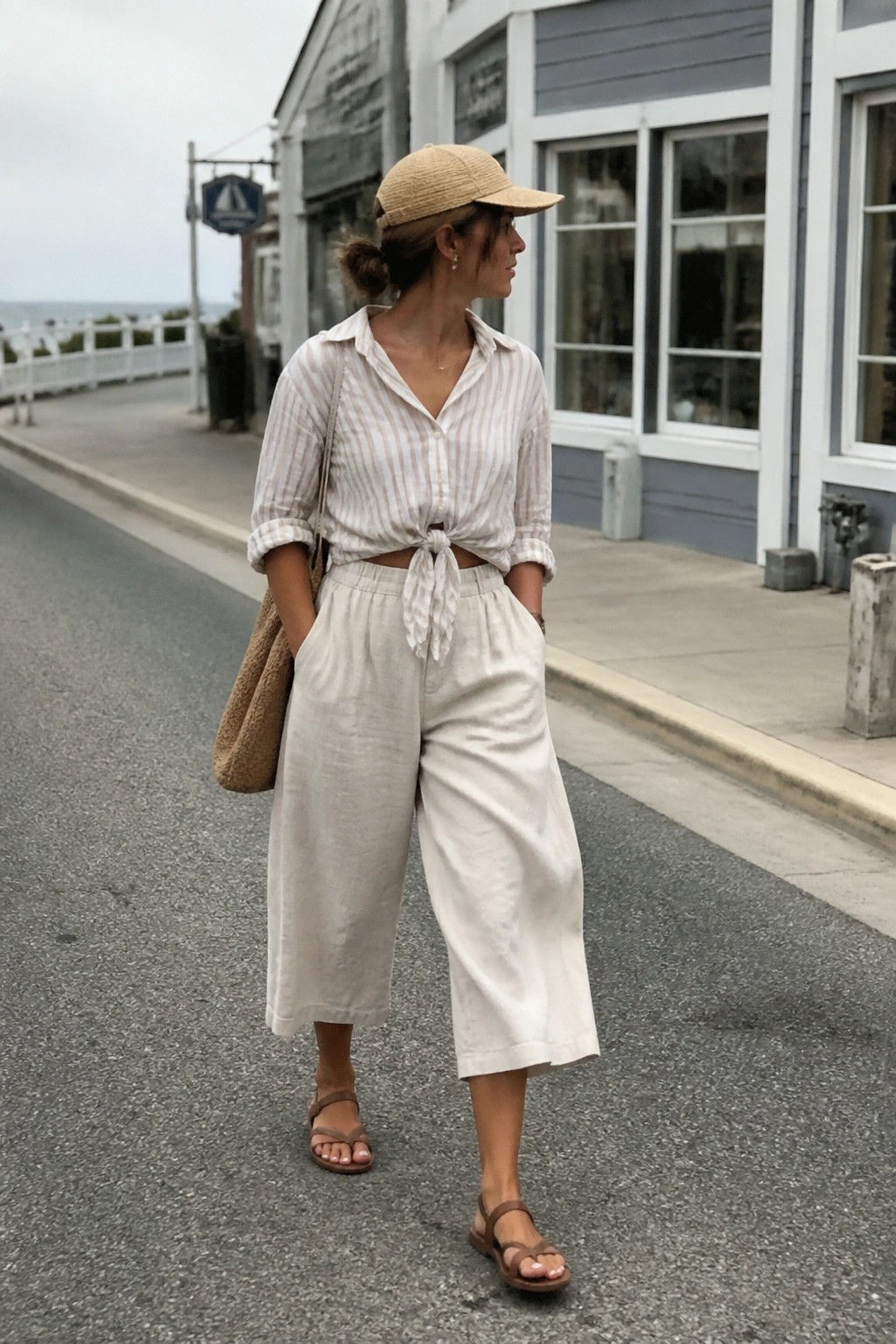 Woman in striped tied shirt and wide beige pants with cap and bag on street