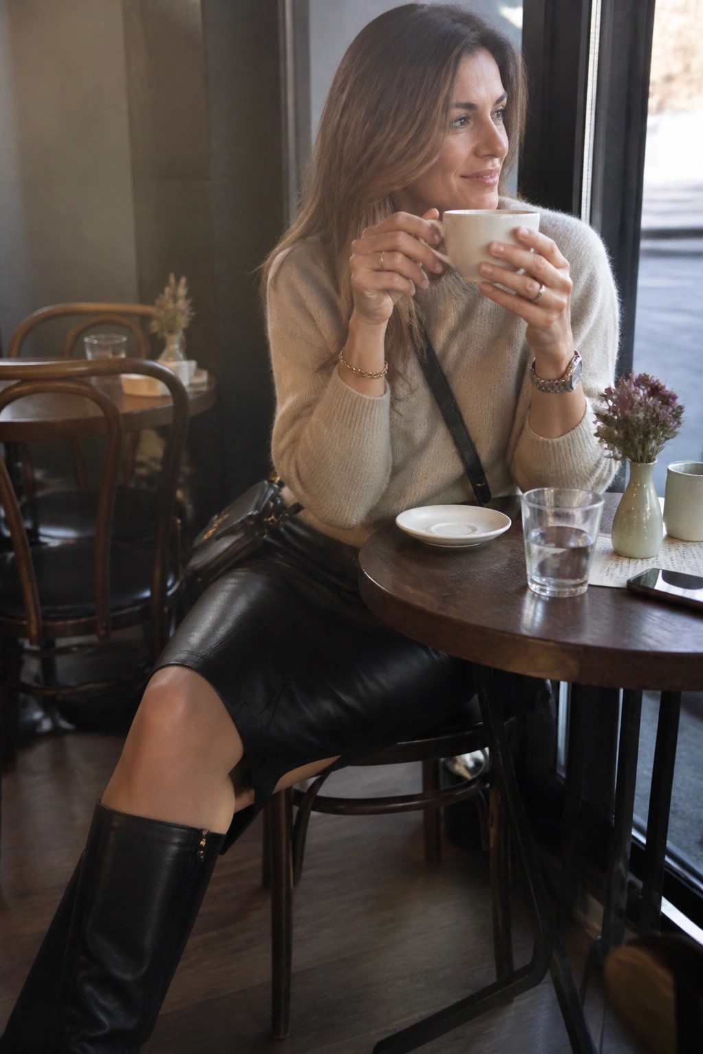 Woman in beige sweater and black leather skirt holding coffee cup at cafe table