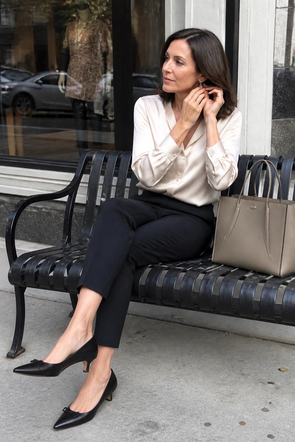 Woman in beige blouse and black pants adjusts earring on bench beside handbag.