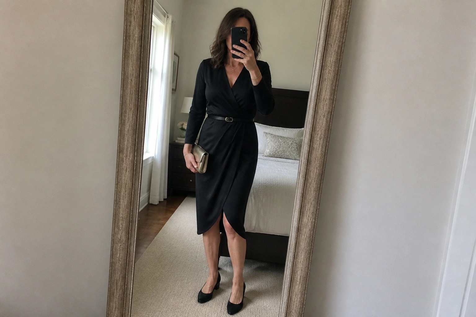 Woman in black wrap dress taking mirror selfie in bedroom holding gold clutch