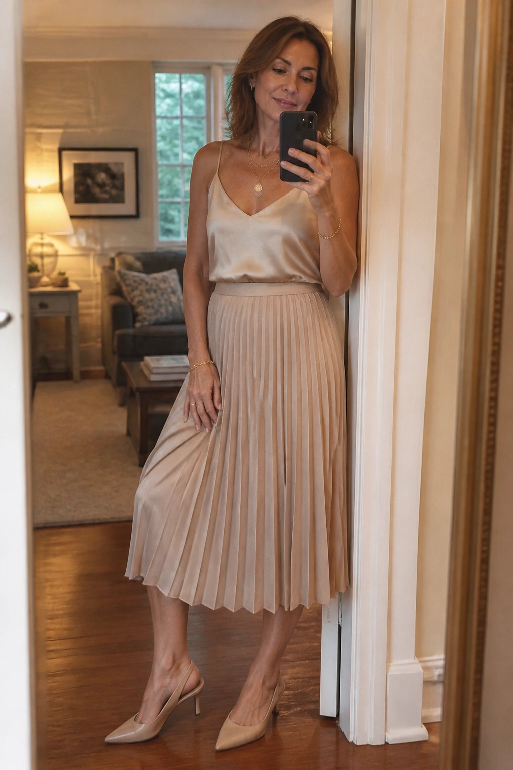Woman in beige satin top and pleated skirt taking mirror selfie in doorway