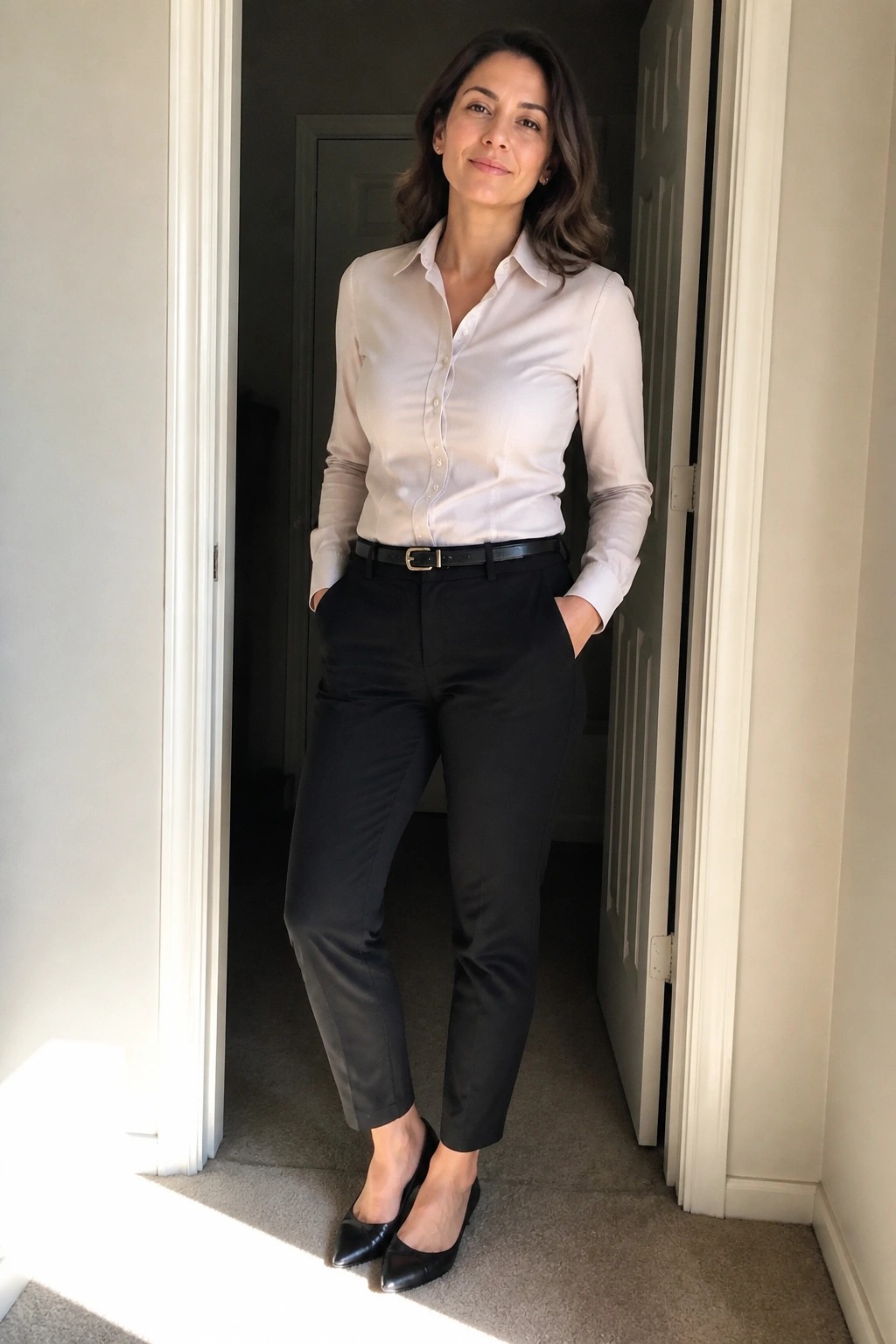 Woman in light shirt and black pants standing in doorway with hands in pockets