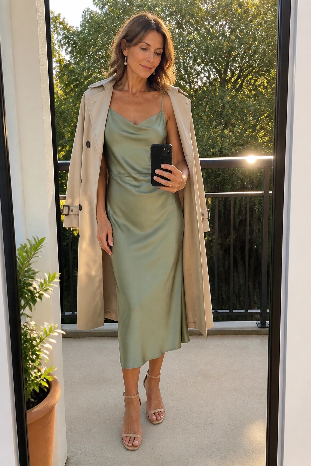 Woman in sage green satin dress and beige trench coat holding phone on balcony