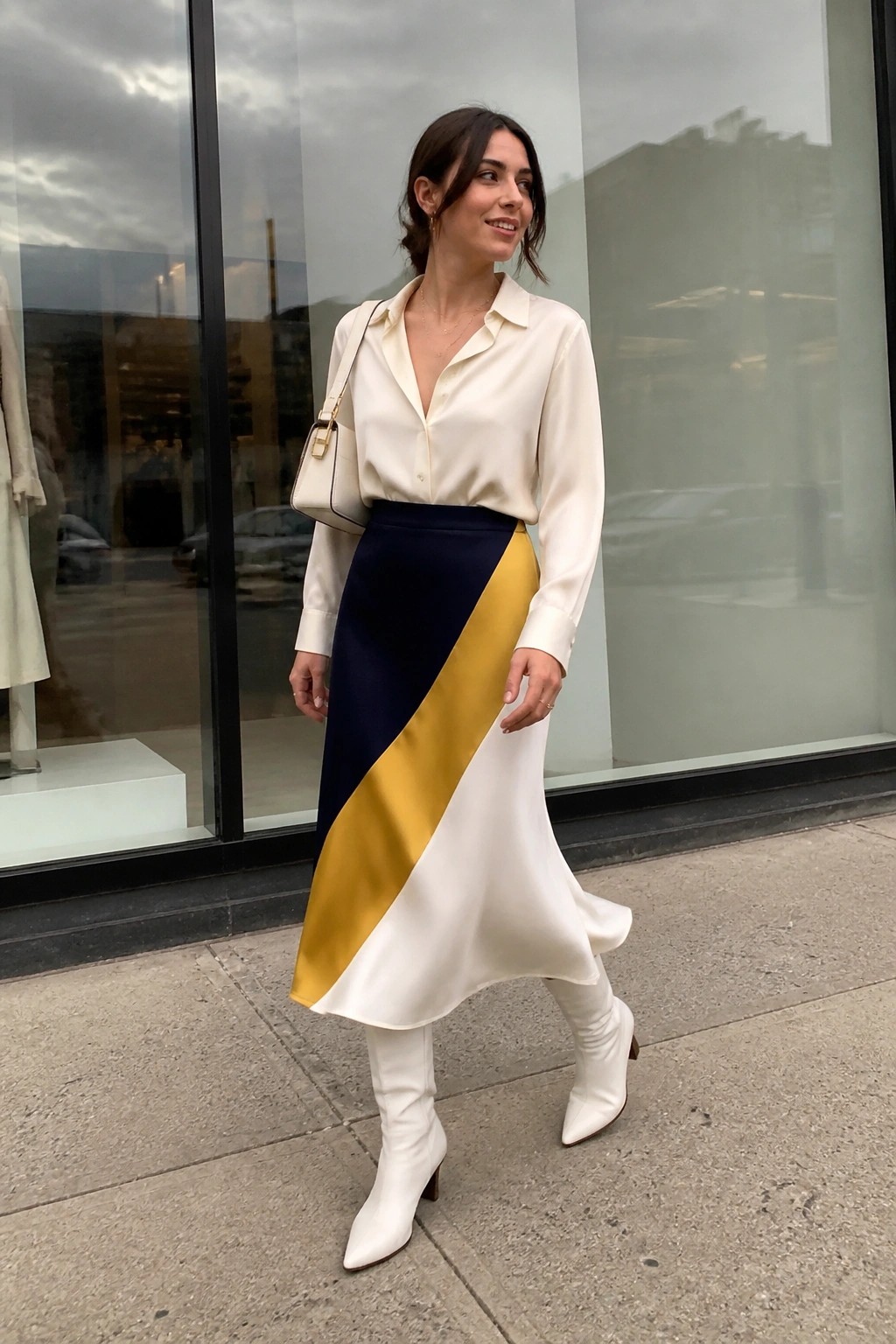 Woman in cream satin button-up shirt tucked into a diagonal color-blocked midi skirt of navy blue yellow and white paired with white knee-high pointed boots and a small white shoulder bag.