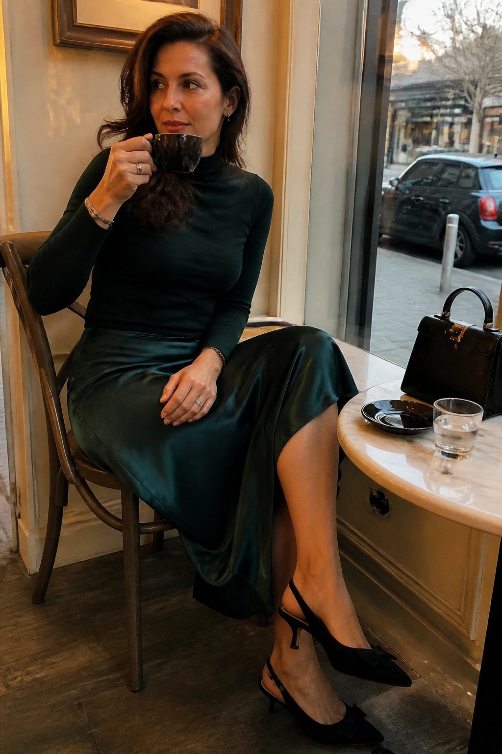 Woman in dark green turtleneck and satin skirt sipping coffee at cafe table
