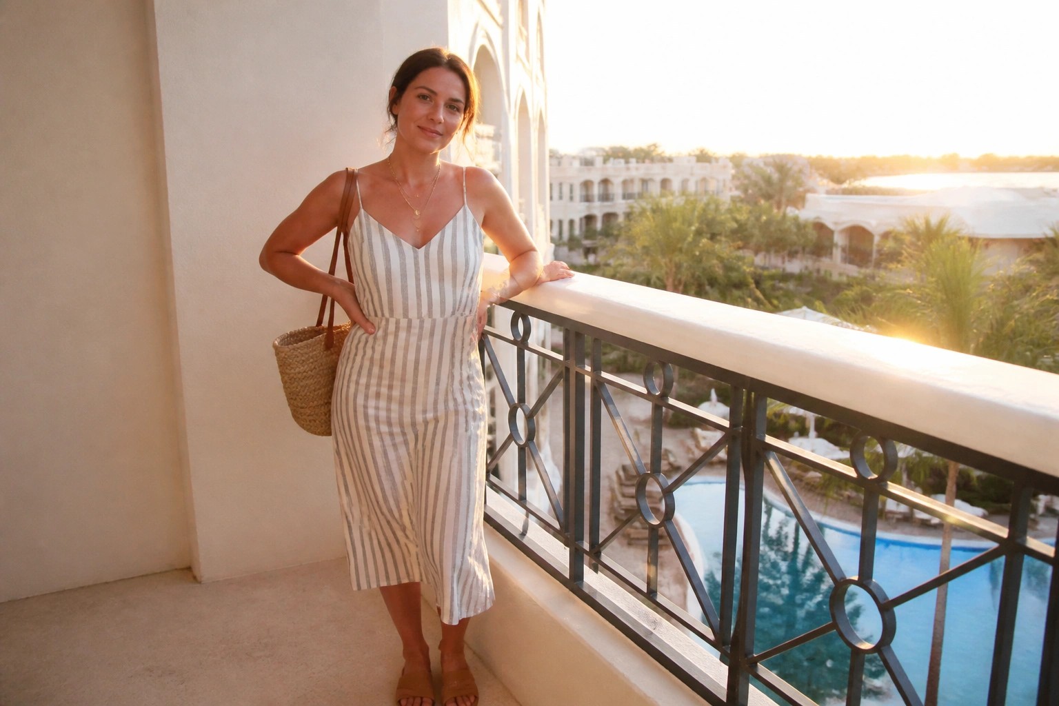 Woman in beige and white vertically striped midi dress with thin straps, tie waist, and side slit, wearing layered gold necklaces, hoop earrings, tan slide sandals, and carrying a woven straw tote bag.