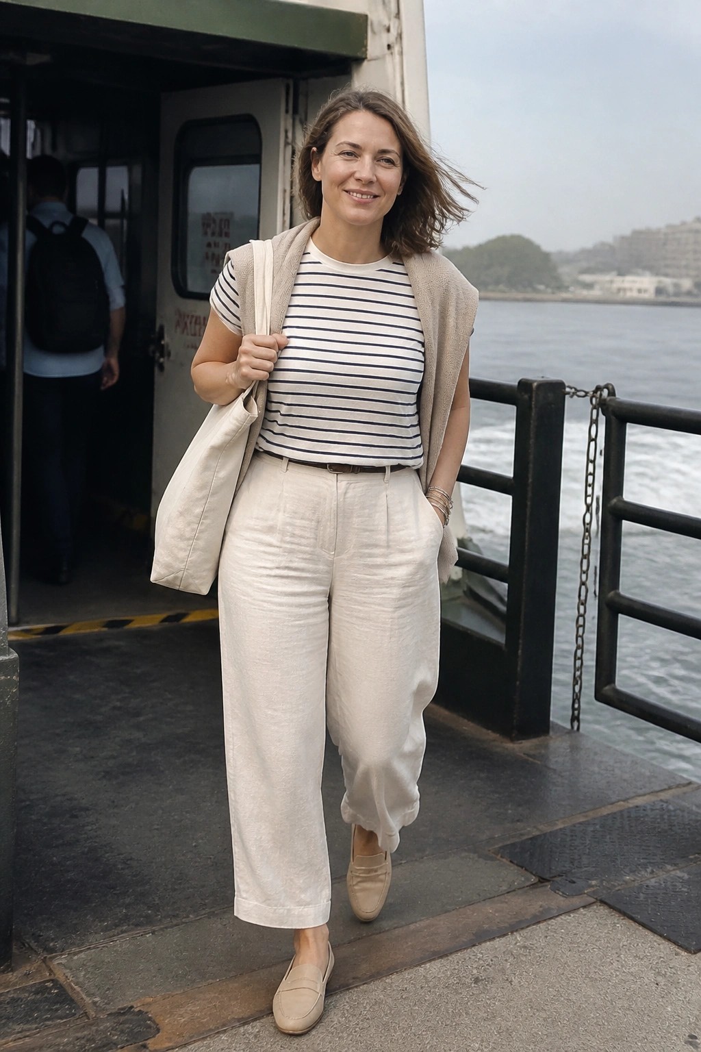 Woman in cream wide-leg linen pants, navy striped short-sleeve tee, beige sleeveless knit vest, beige loafers, and carrying a matching tote bag.