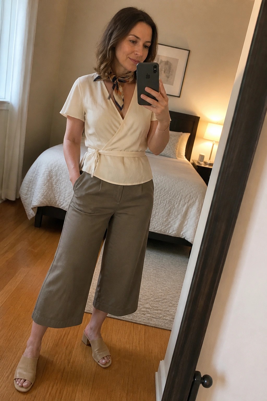 Woman wearing a cream short sleeve wrap top tied at the waist with olive green wide leg cropped pants, beige heeled slide sandals, and a patterned scarf at the neck while taking a mirror selfie.