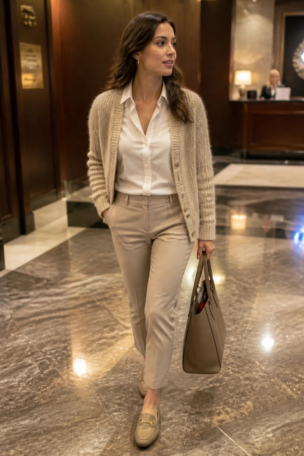 Woman in beige cardigan and white shirt walks through marble hotel lobby with handbag