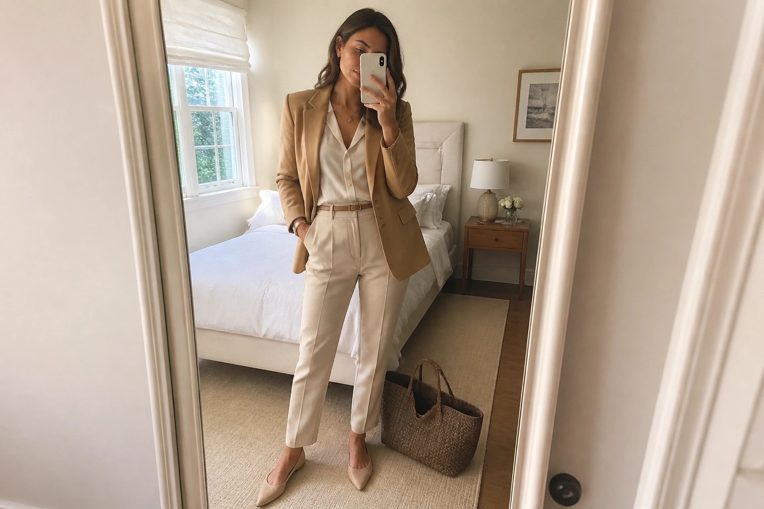 Woman in beige blazer and trousers taking mirror selfie in bedroom