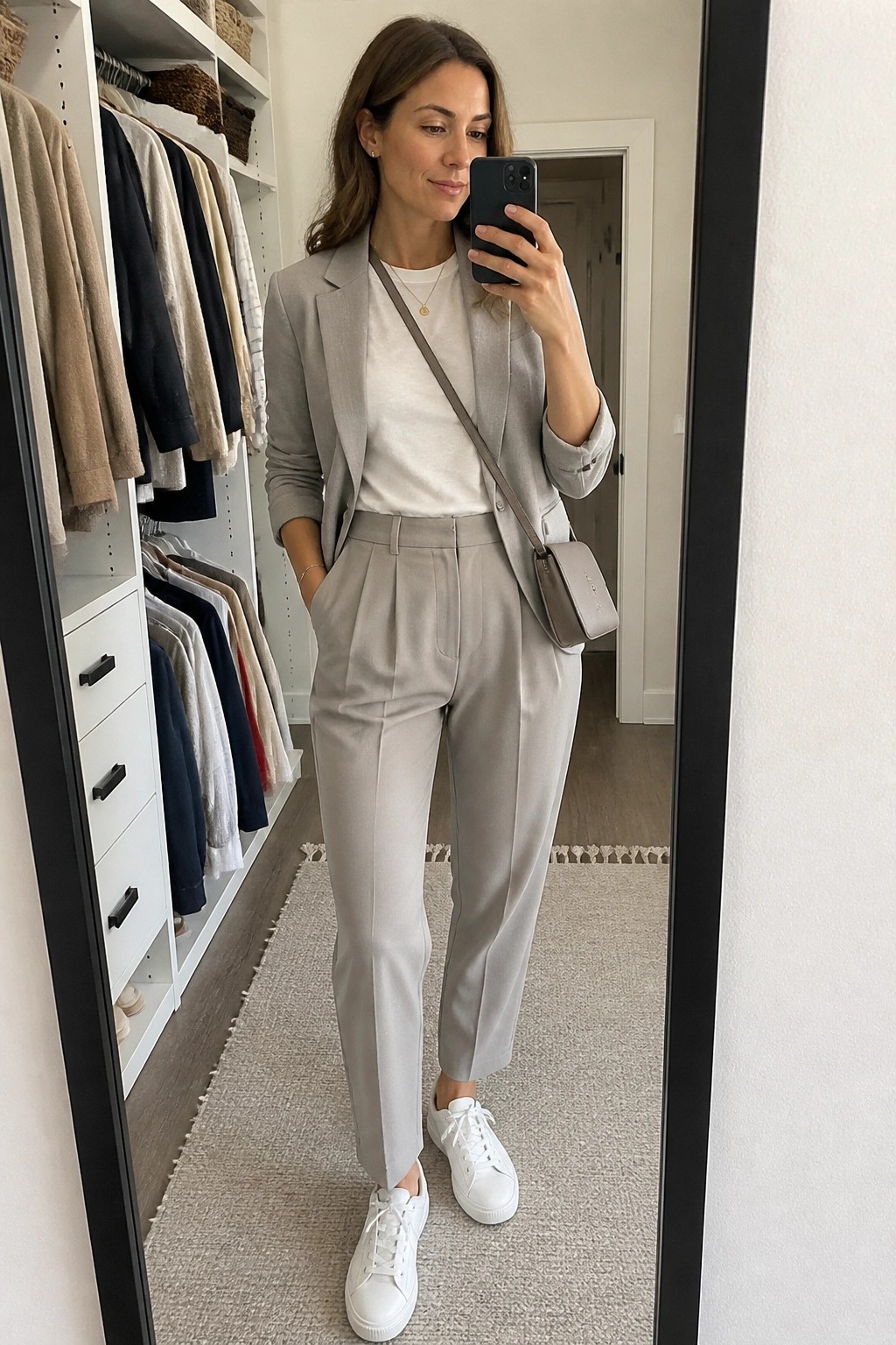 Woman in light gray suit taking mirror selfie in walk-in closet with white sneakers