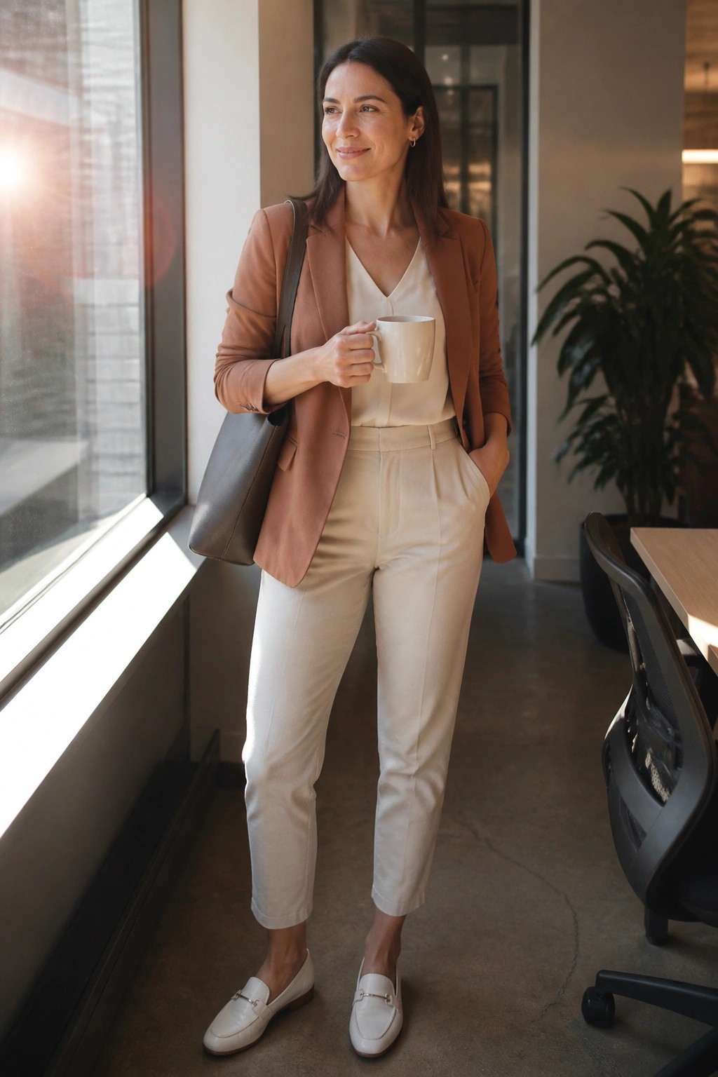Businesswoman in brown blazer and cream pants holding white mug near window