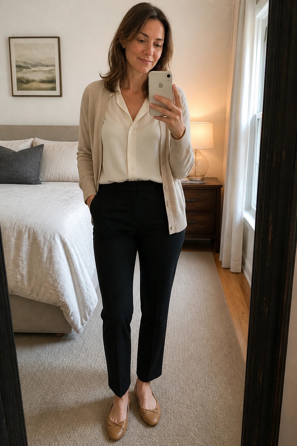 Woman in beige cardigan, cream blouse, and black pants taking mirror selfie