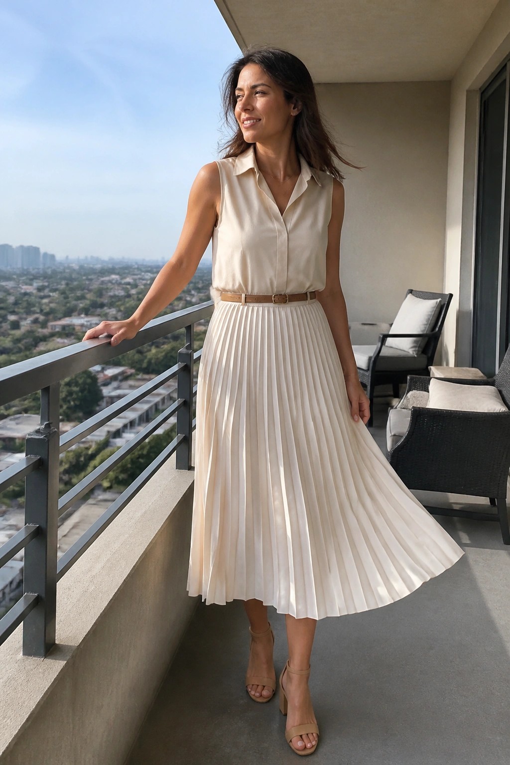 A woman wearing a cream sleeveless collared blouse tucked into a matching pleated midi skirt with a brown belt and beige block heel sandals.
