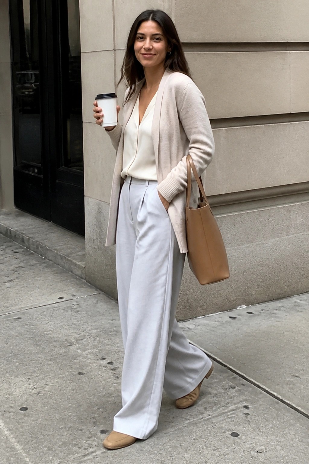 Woman in open beige cardigan layered over cream top with light gray wide leg pleated pants, brown tote bag, and beige flats while holding a coffee cup.
