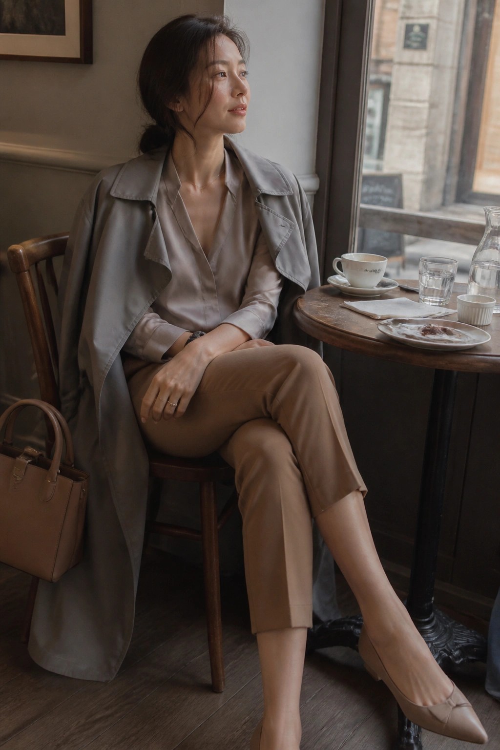 Elegant woman in gray trench coat and satin blouse seated at cafe table with coffee.