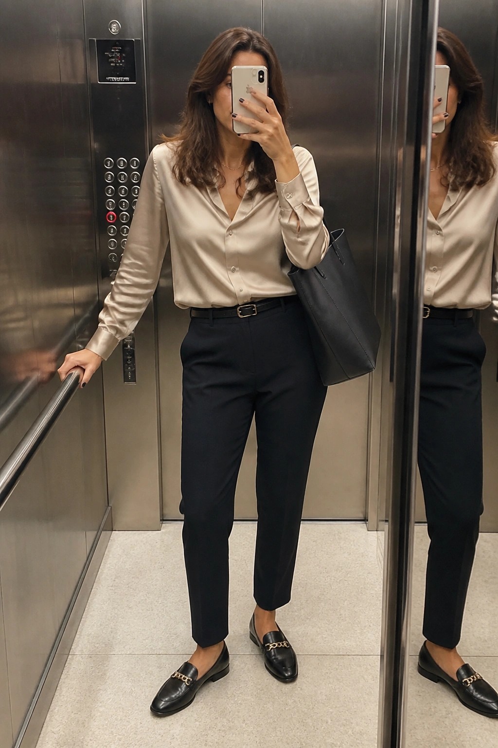 Woman in beige satin button-up shirt tucked into black tailored trousers with black belt, black loafers featuring gold chain accent, and black tote bag, captured in mirror selfie.
