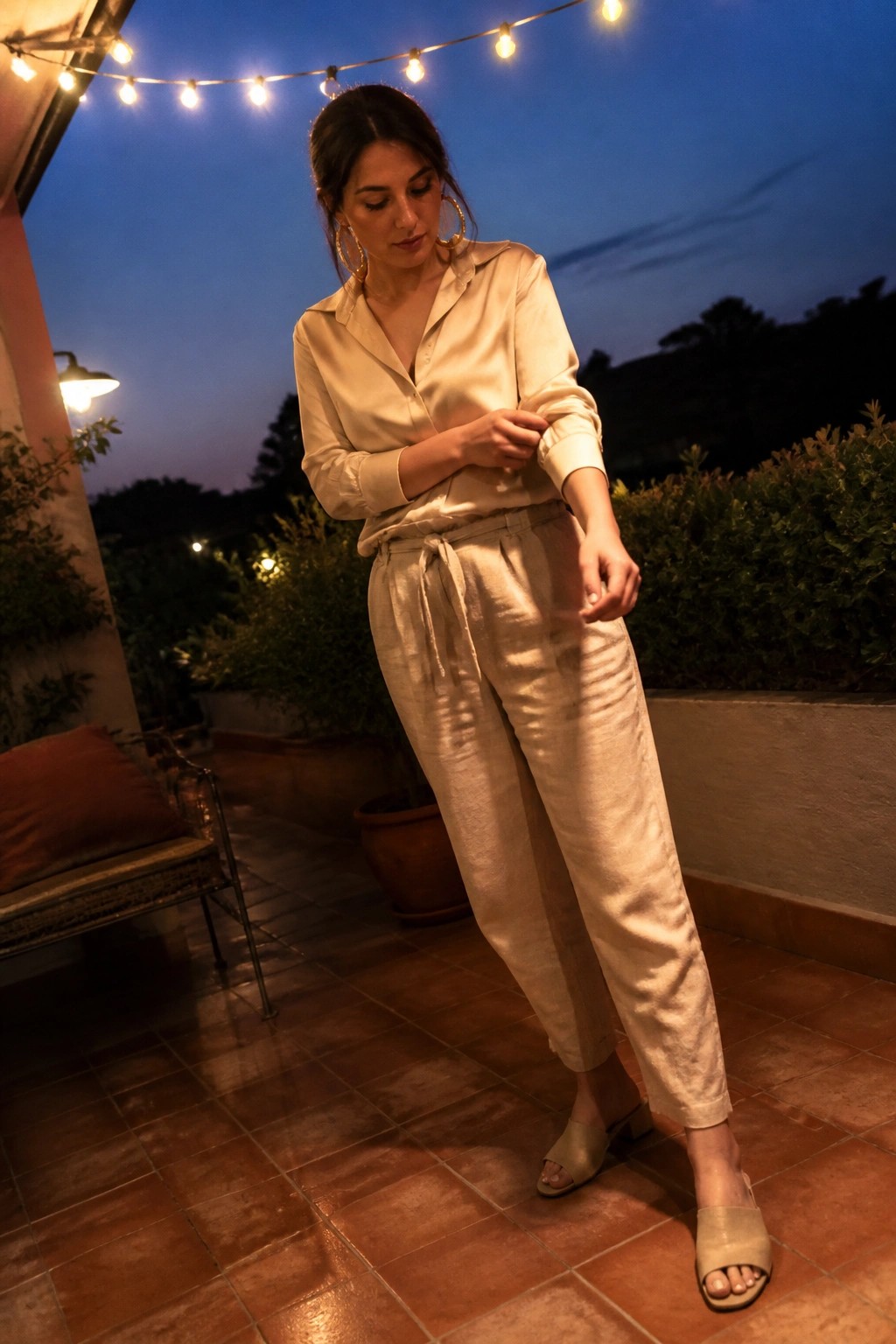 Woman in cream satin button-up shirt tucked into matching drawstring linen pants with beige slide mules and large gold hoop earrings.