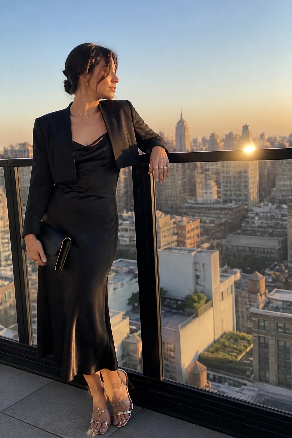 Woman in black satin dress and cropped blazer on city balcony at sunset