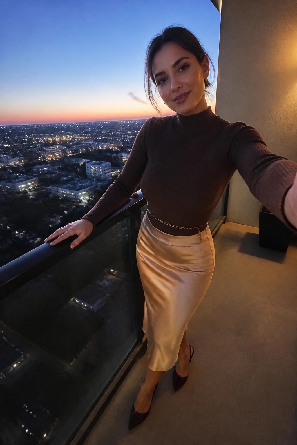 Woman in brown turtleneck and beige satin skirt posing on balcony overlooking city at dusk.