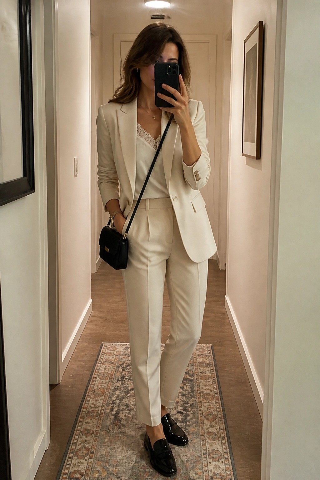 Woman wearing a cream pantsuit with lace camisole underneath, black loafers, and a small black crossbody bag while taking a mirror selfie.