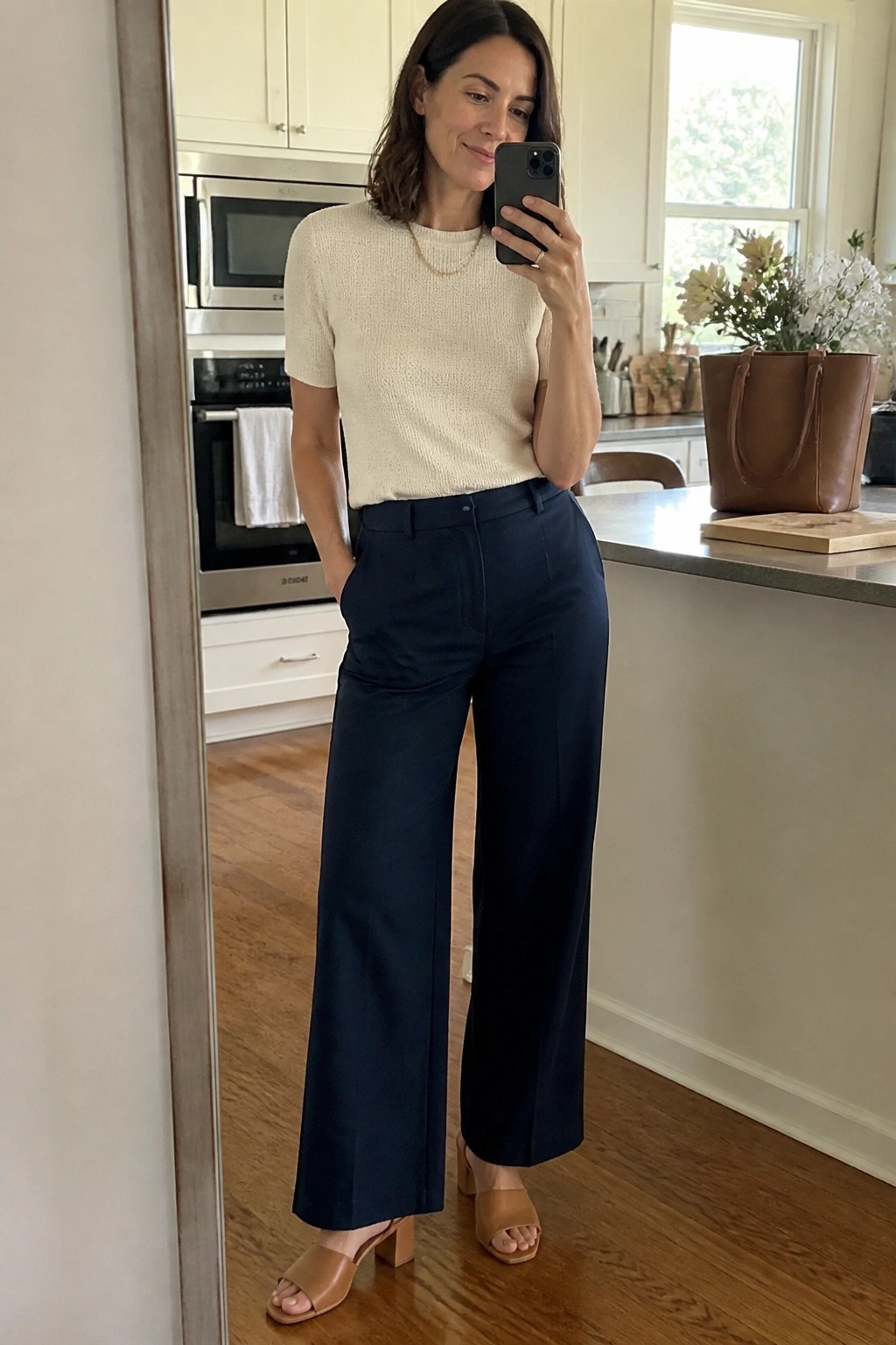 Woman in cream sweater and navy wide-leg pants taking kitchen mirror selfie