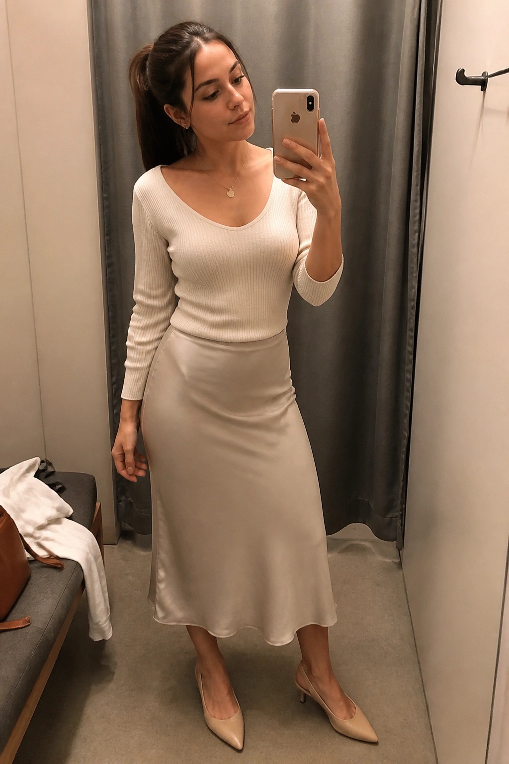 Woman in cream sweater and beige satin skirt taking mirror selfie in fitting room