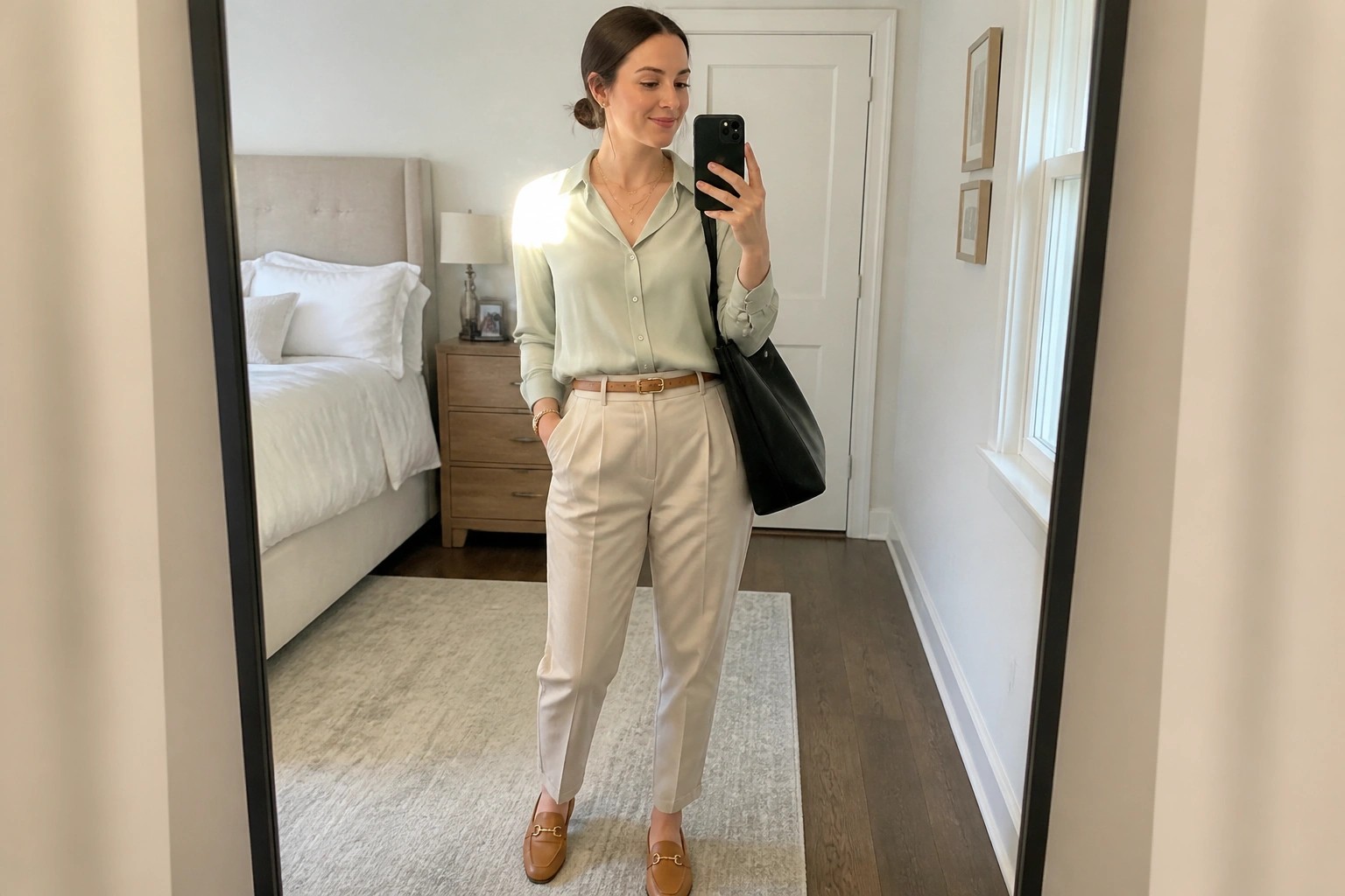 Woman in mint satin shirt and beige trousers taking mirror selfie with black bag