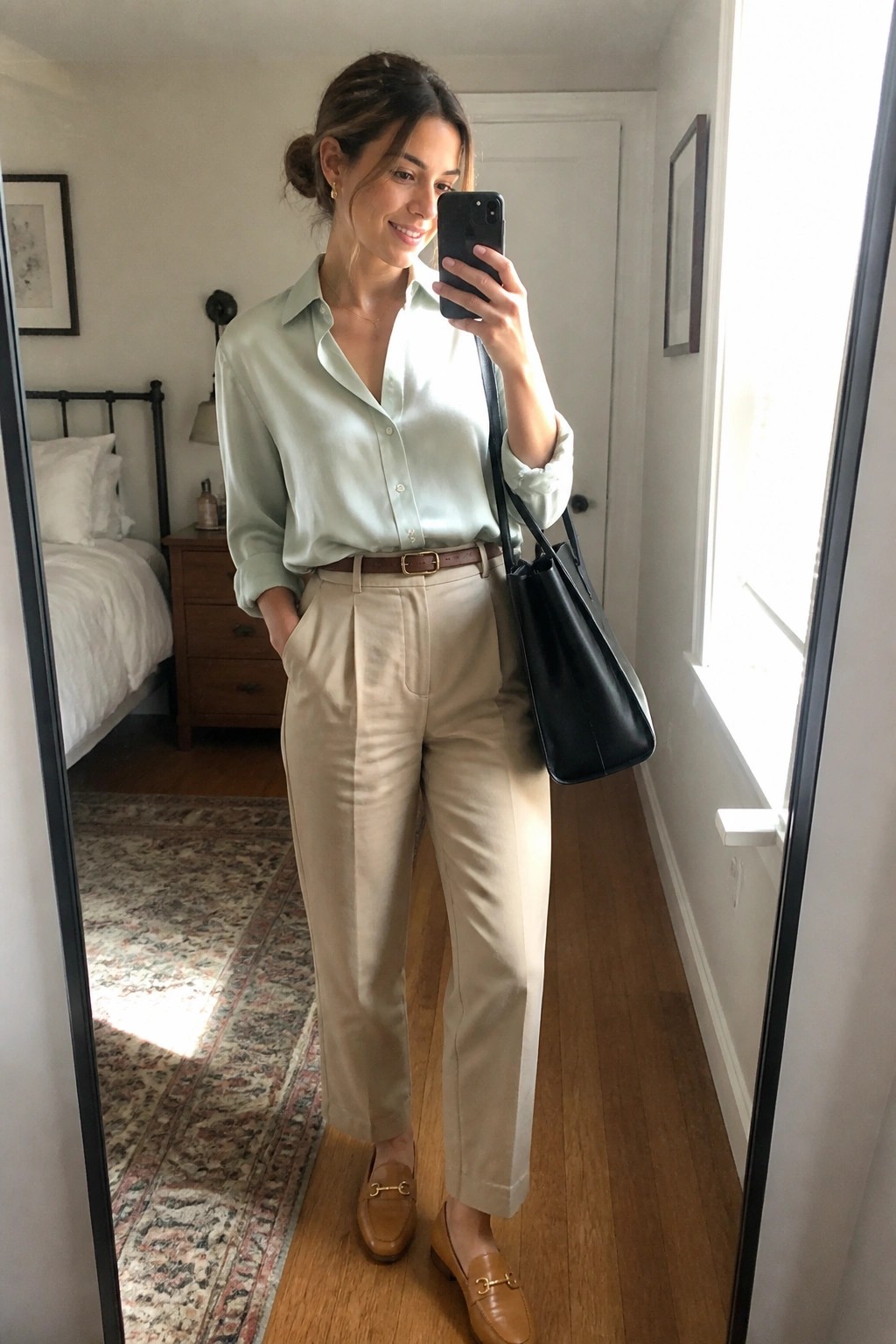 Woman in mint satin shirt and beige trousers taking mirror selfie with black bag