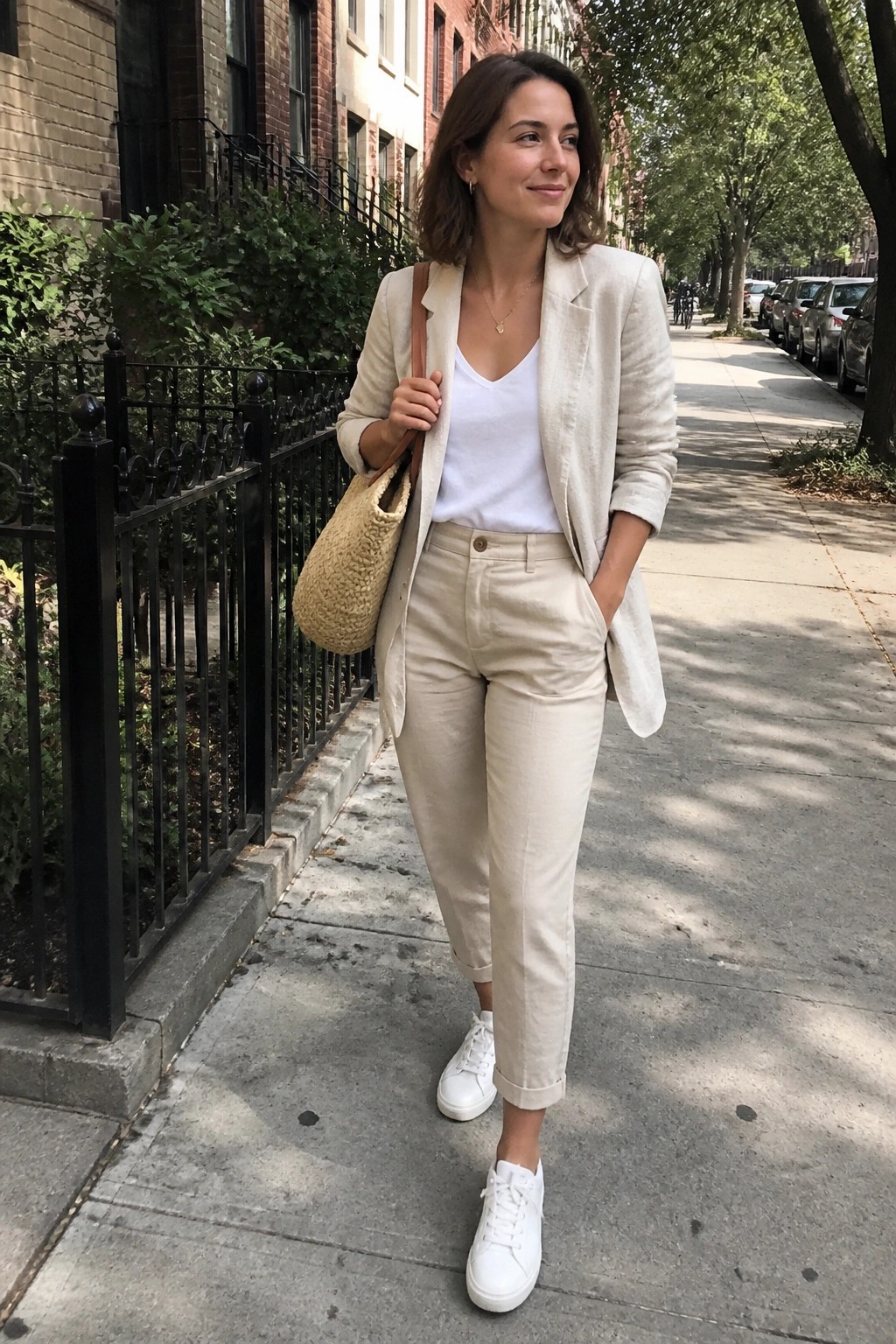 Woman in beige blazer, white top, and trousers holding woven bag on sidewalk