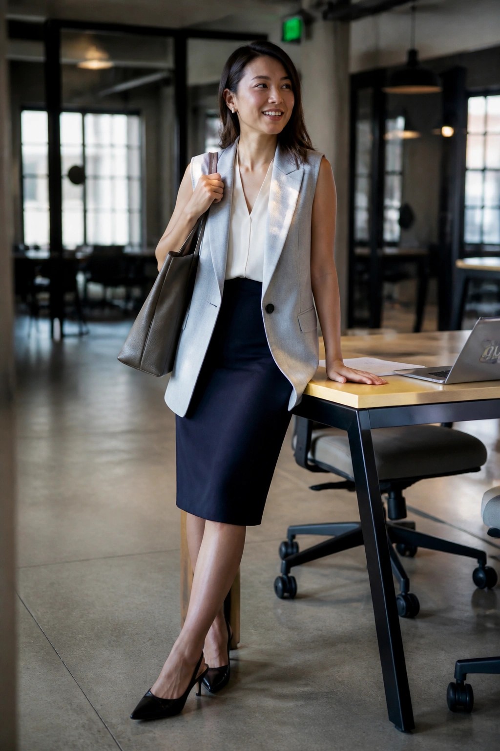 Woman wearing a light gray sleeveless blazer over a white top with a navy pencil skirt black pointed heels and carrying a taupe leather tote bag in an office setting.
