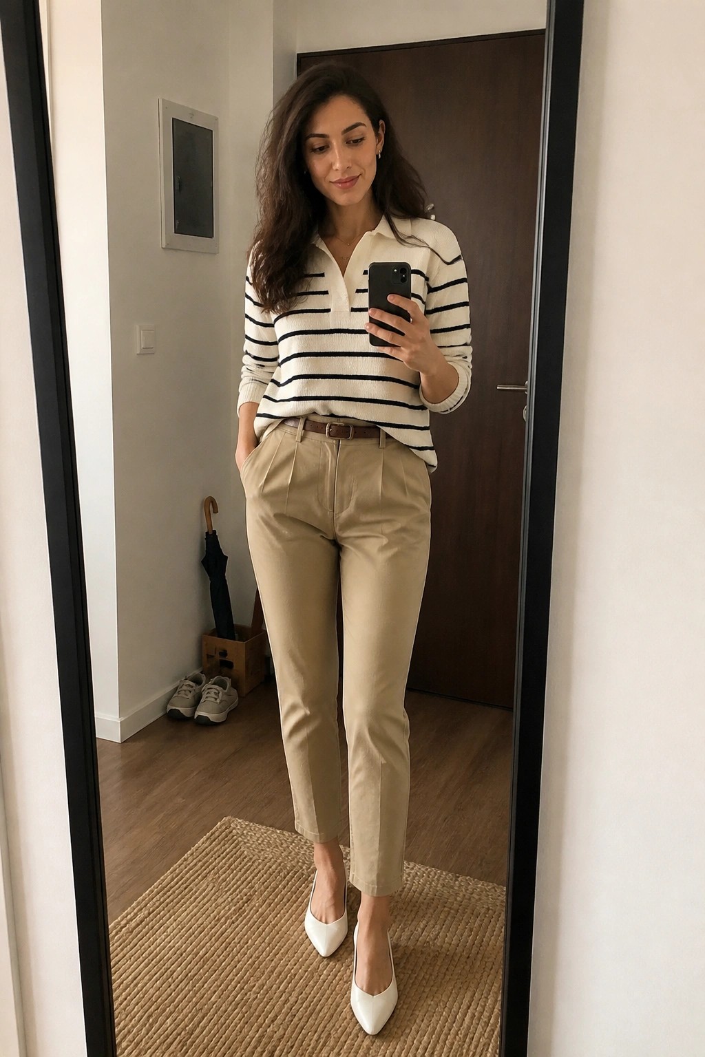 Woman in striped polo sweater and beige pants taking mirror selfie.