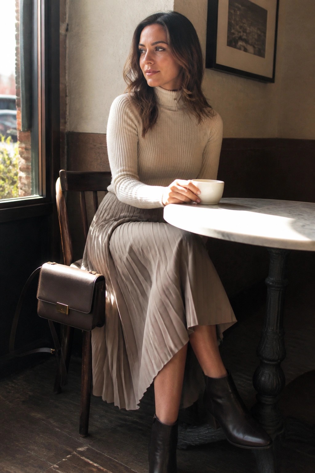 Woman in beige turtleneck and pleated taupe skirt holding cup at cafe table