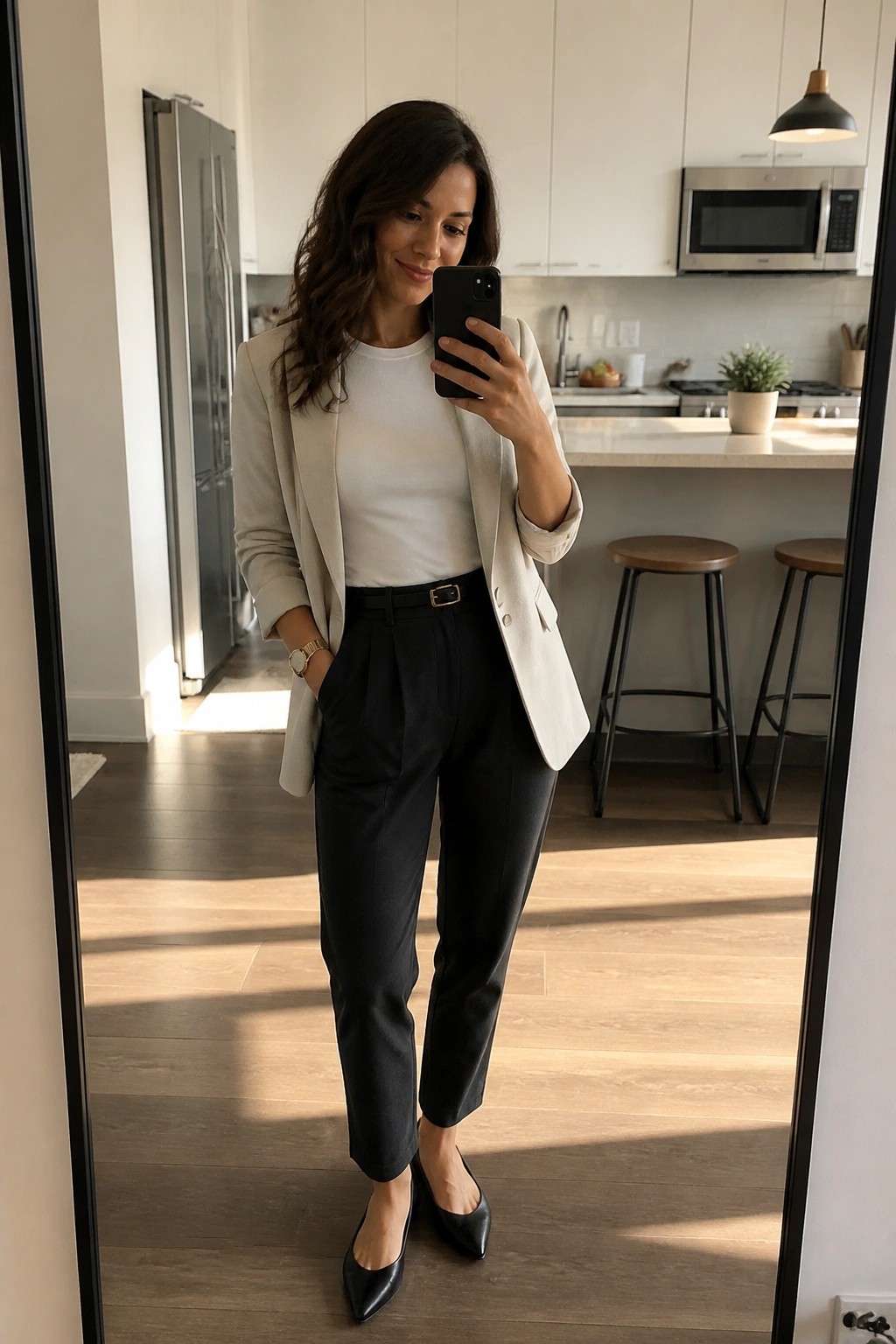 Woman in beige blazer and black pants taking mirror selfie in kitchen
