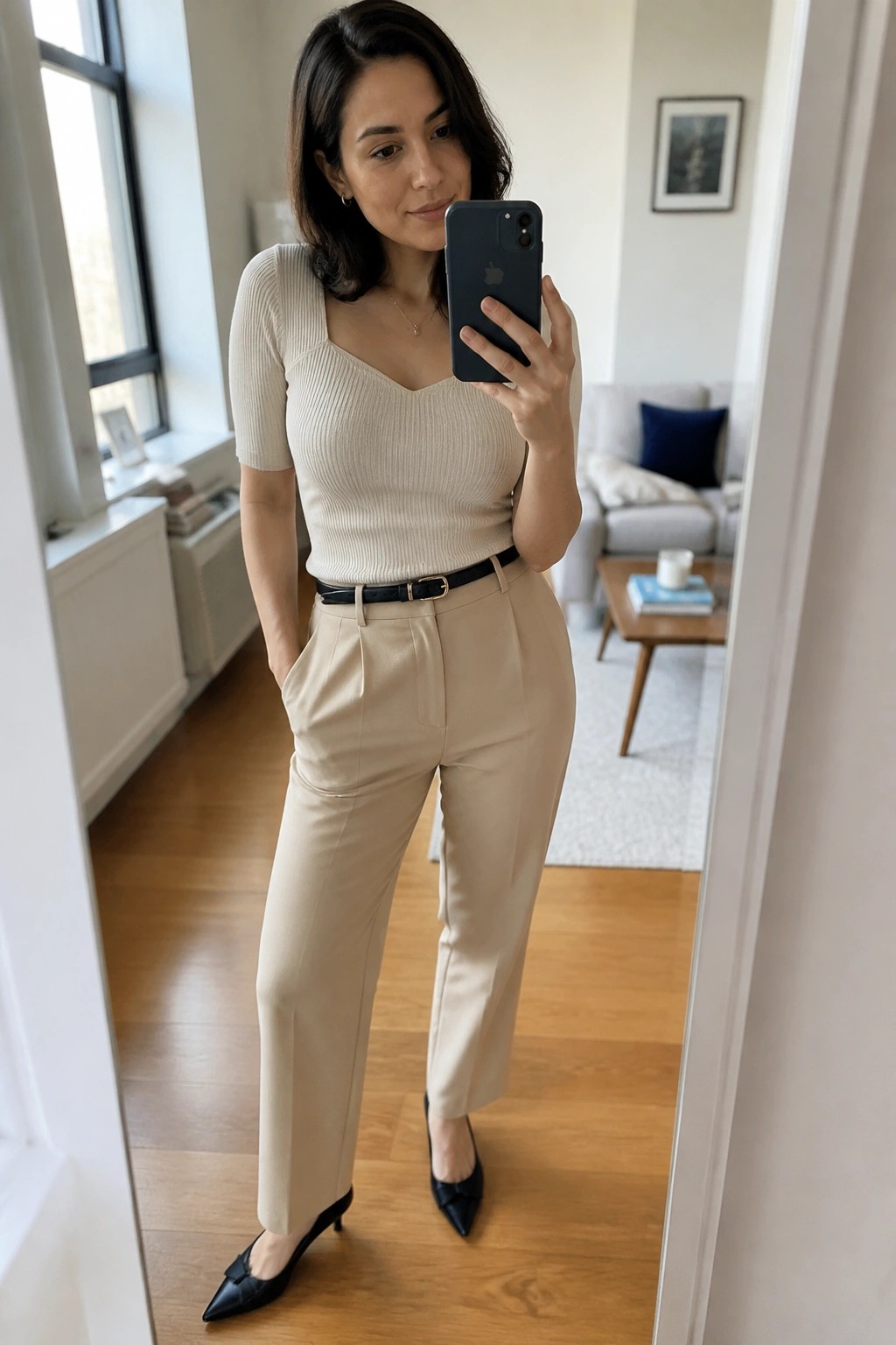 Woman in beige ribbed top and trousers taking mirror selfie in apartment.