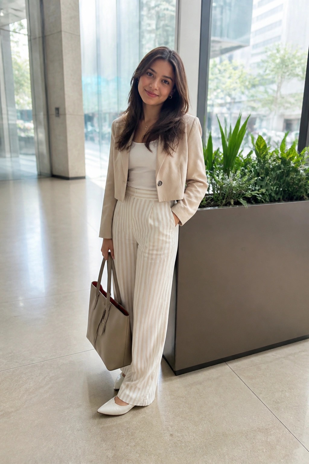 Woman in beige blazer and striped pants holding tote bag in modern lobby